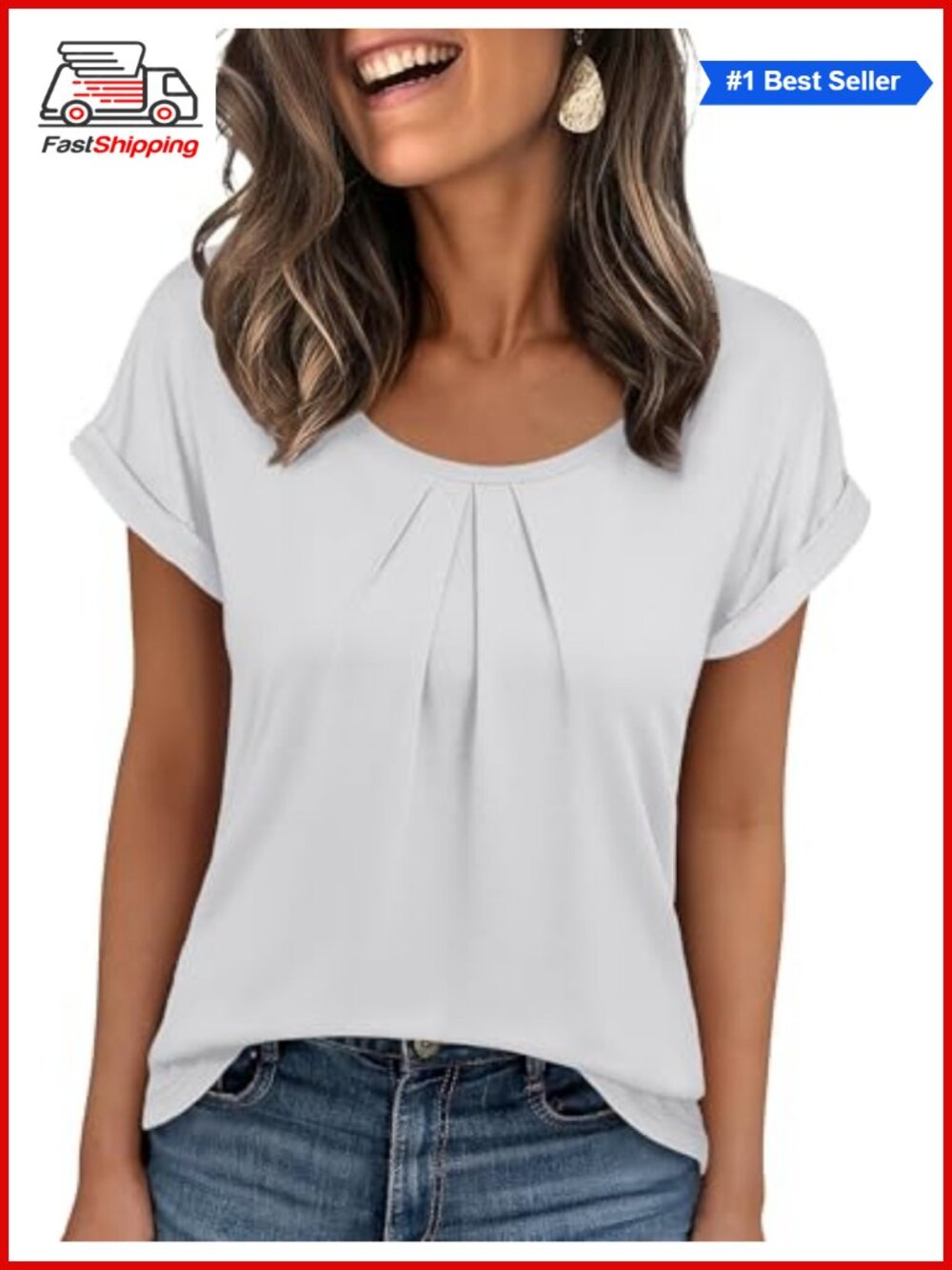 Women's Pleated Short Sleeve Scoop Neck T-Shirt Casual Top